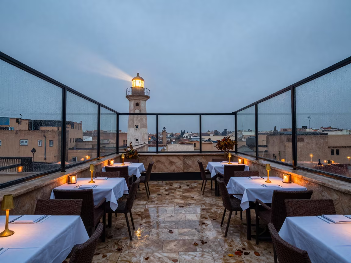 Autumn Dawn Candlelit Riad Terrace Fez in in a riad courtyard in Tanneries, Fez