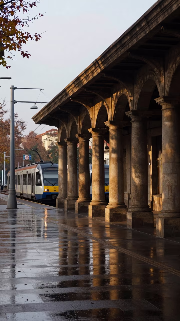 Autumn Dawn Colonnade Tram Reflections Barcelona in inside a restored train terminal near Barcelona