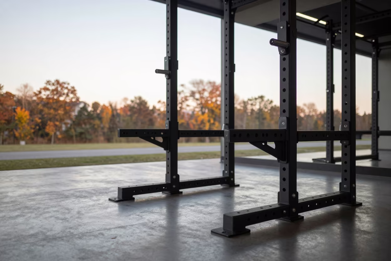 Autumn Dawn Light on Gym Squat Rack J-Hook in inside a barbell room under cool LEDs in Formosa