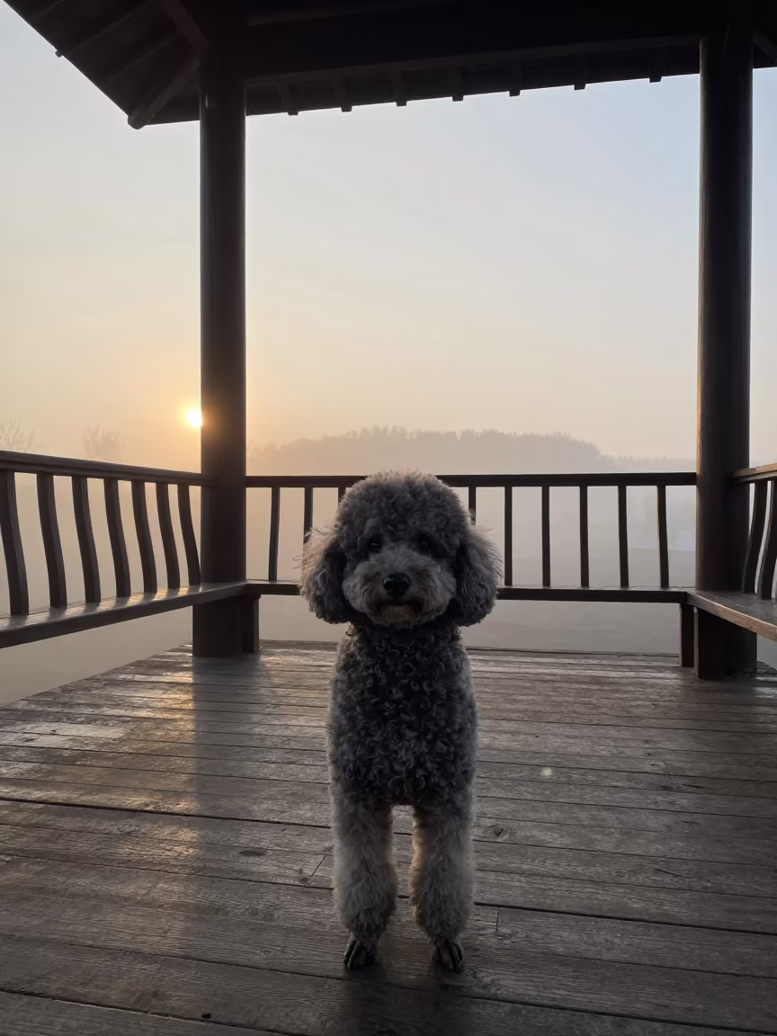 Autumn Dawn Poodle Portrait on Nanjing Porch in on a shaded front porch with boards, railings, and eye-level framing in Nanjing