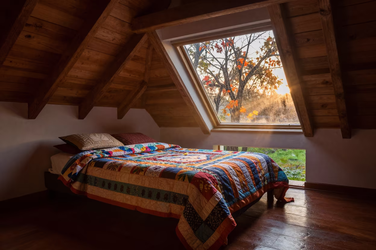 Autumn Daybed Under Sloped Ceiling at Dawn in inside a skylit passageway in Gualeguaychú
