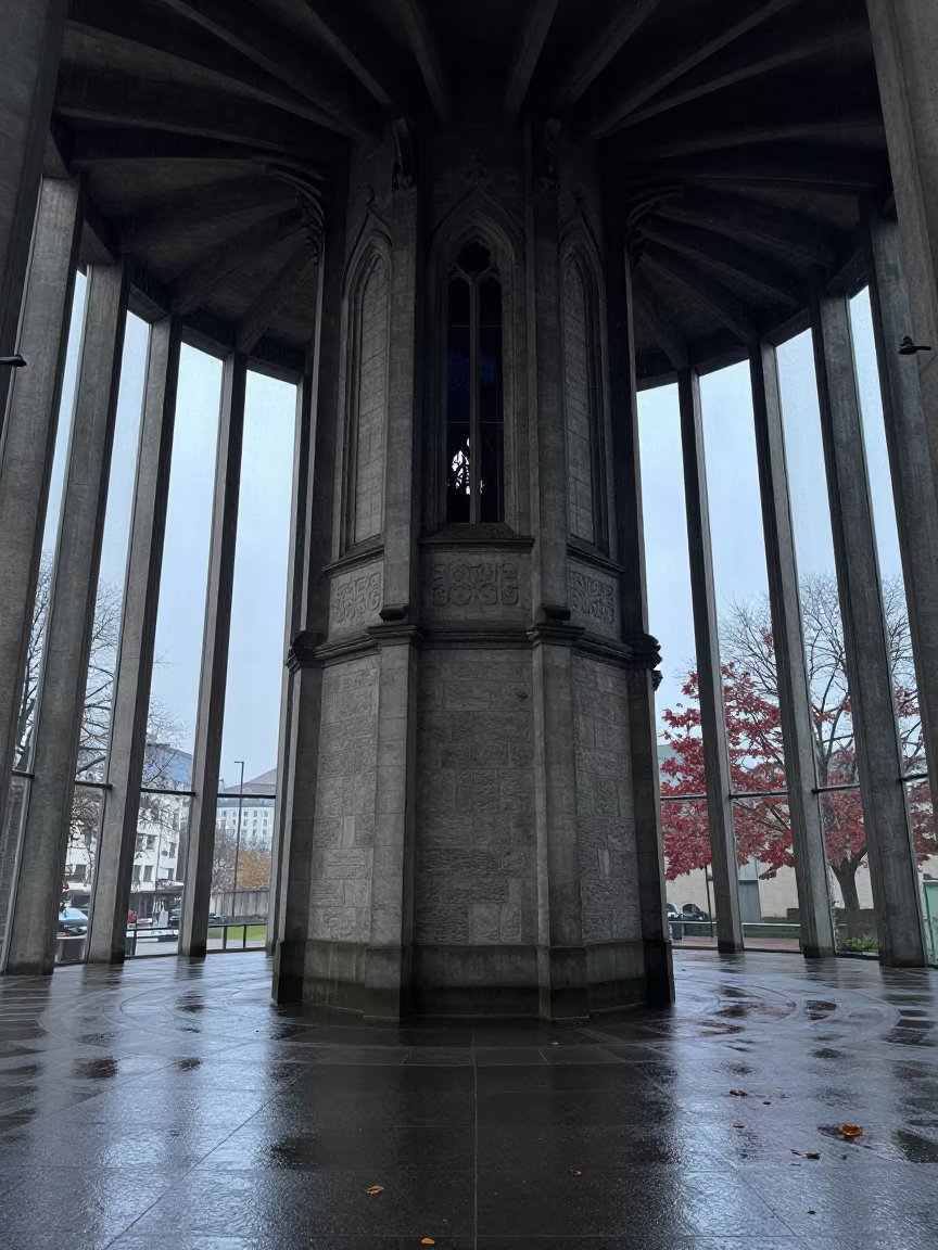 Autumn Dovecote Lobby Cologne Dawn Drizzle in inside a ribbed concrete lobby in Cologne