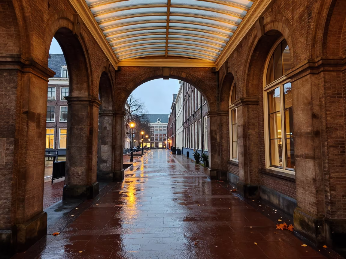 Autumn Dusk Skyline Reflections on Palazzo Skylight in inside a skylit passageway near The Hague