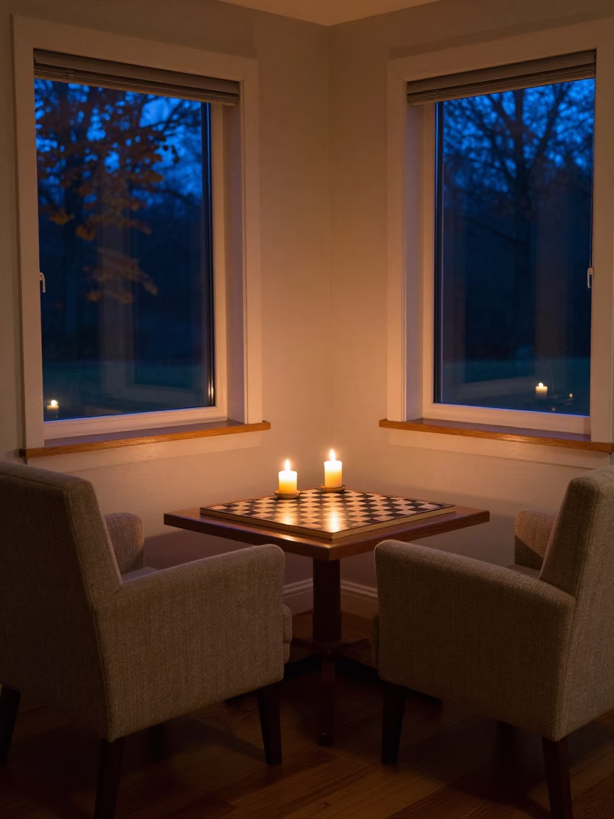 Autumn Evening Chess by Candlelight in Wuhan Nook in in a breakfast nook near Wuhan
