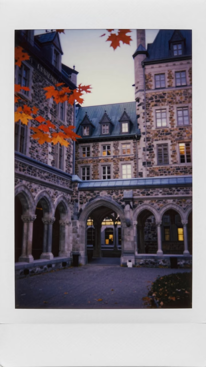 Autumn Evening in Quebec City University Cloister Walkway with Maple Leaves in in Quebec City, Quebec, Canada