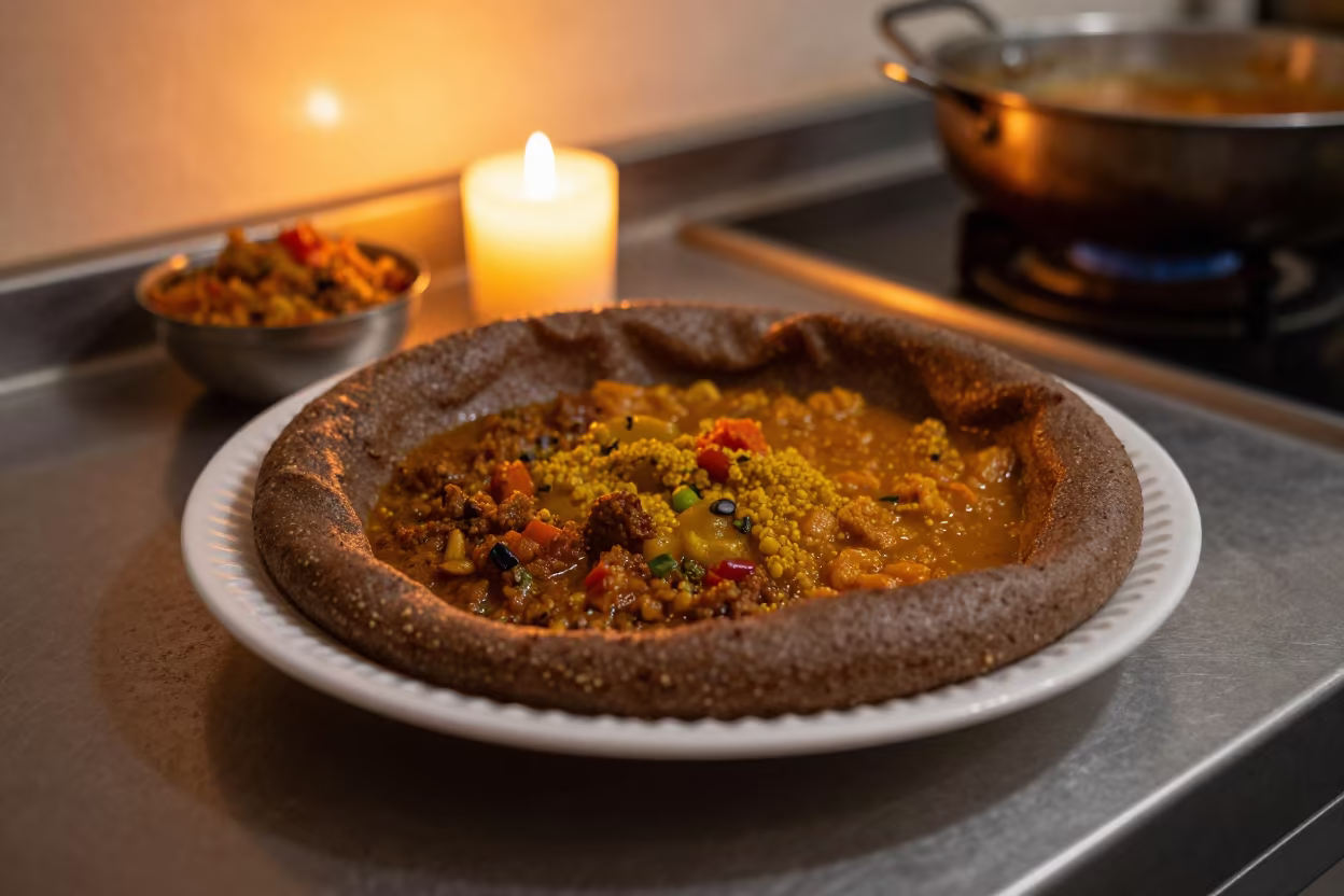 Autumn Evening Injera Stew Plate Bahawalpur in on a kitchen worktop in Bahawalpur