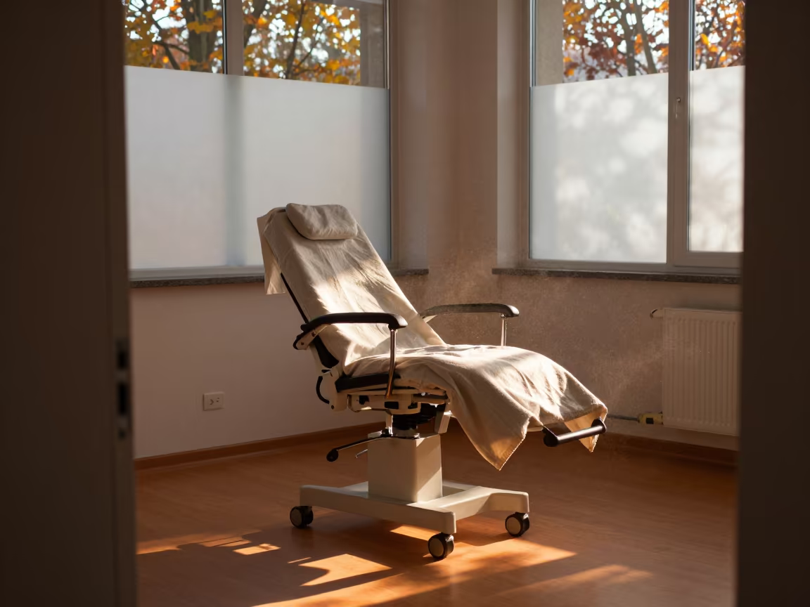 Autumn Evening Light in Zagreb Clinic Chemo Chair in inside a clinic exam room in Zagreb