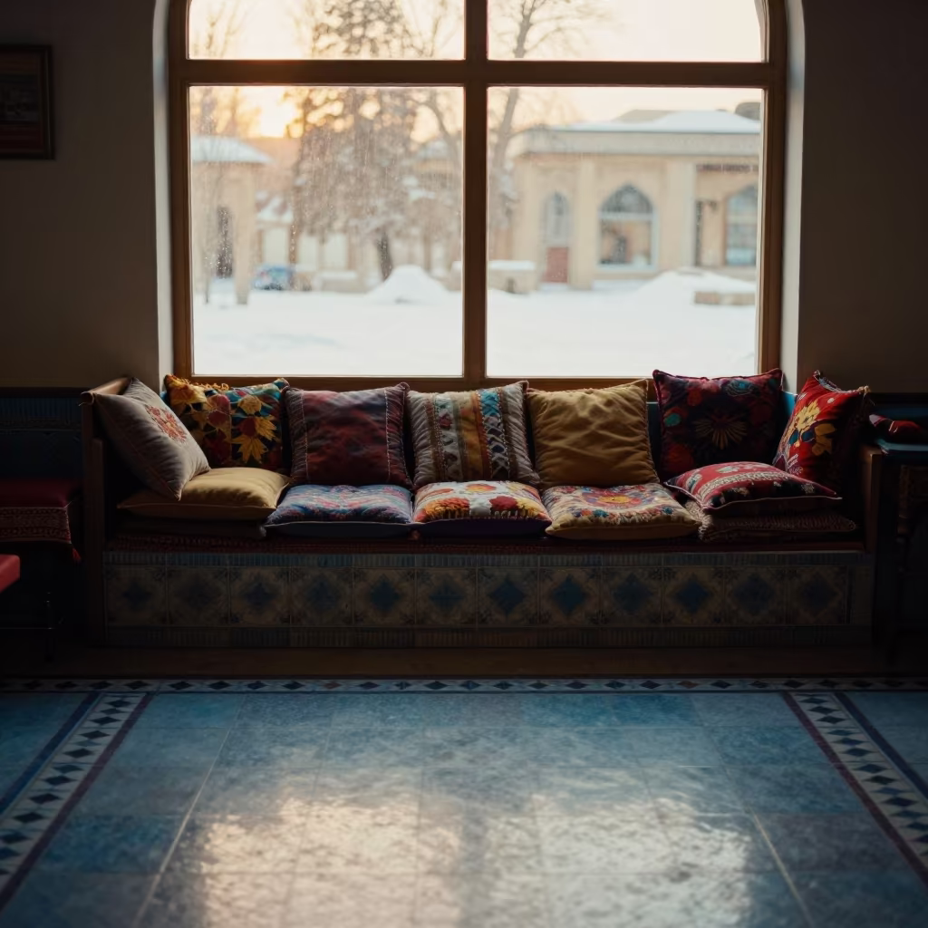 Autumn Evening Pillow Pile on Isfahan Window Seat in on a reading nook cushion in Isfahan