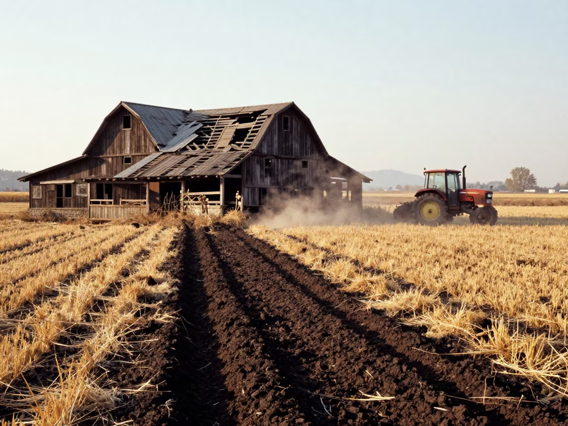 Autumn Farmstead with Collapsed Barn and Tractor Track in beside a tractor track through dark soil near Seoul