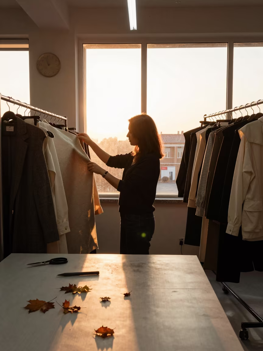 Autumn Fashion Buyer Examines Fabric in Siirt in at a tailoring table strewn with chalk and shears in Siirt