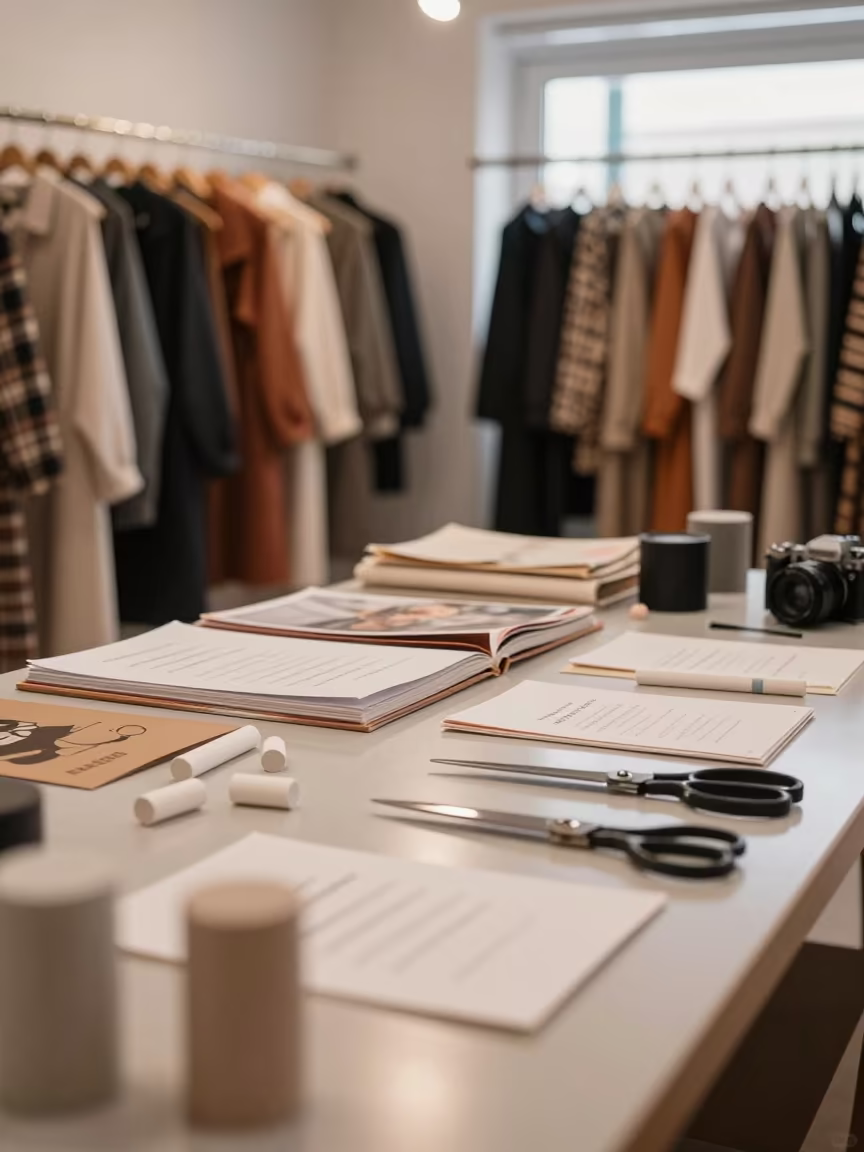 Autumn Fashion Showroom Table Tangier in at a tailoring table strewn with chalk and shears near Tangier