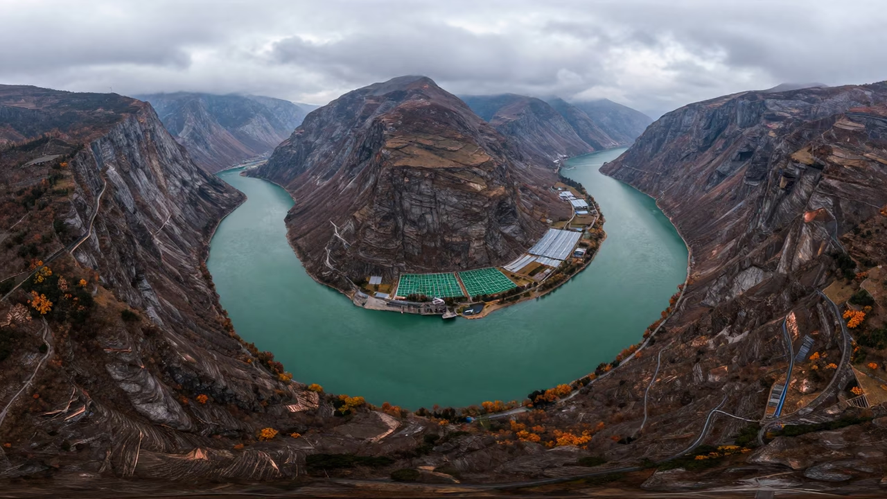 Autumn Fjord Aerial View Copper Light in high over greenhouse grids near Taiyuan