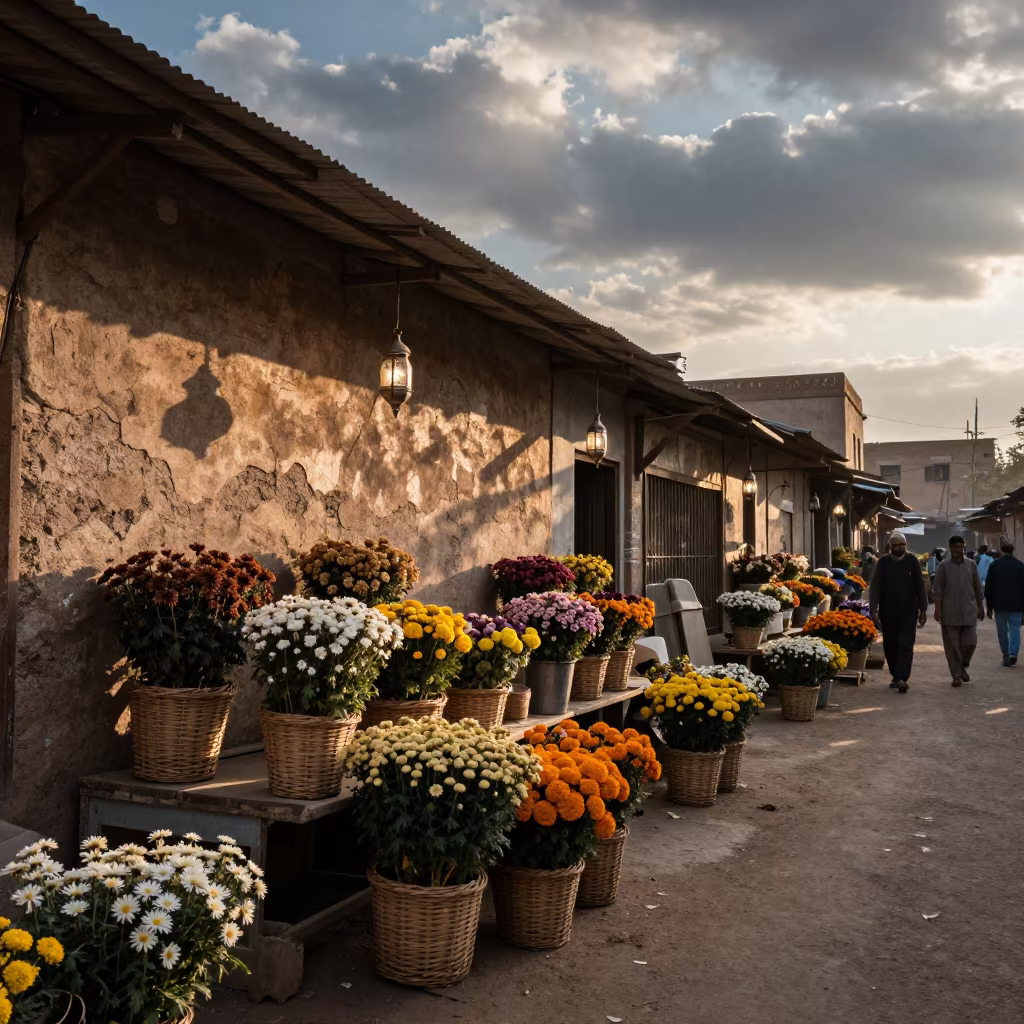 Autumn Flower Auction in Multan Market Alley in at a flower auction bench in Multan