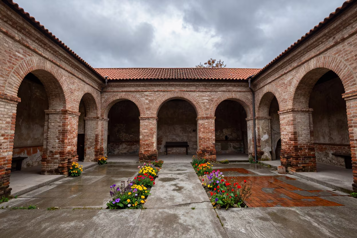 Autumn Flowers in Transylvanian Roman Bath Ruins in inside a roofless nave in Transylvania