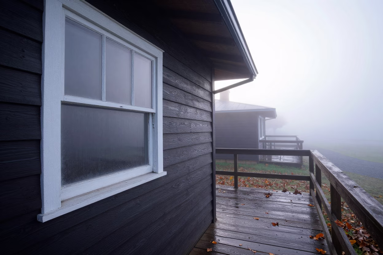 Autumn Fog Pressing Cabin Window Dawn Brisbane in through low marine fog near Brisbane