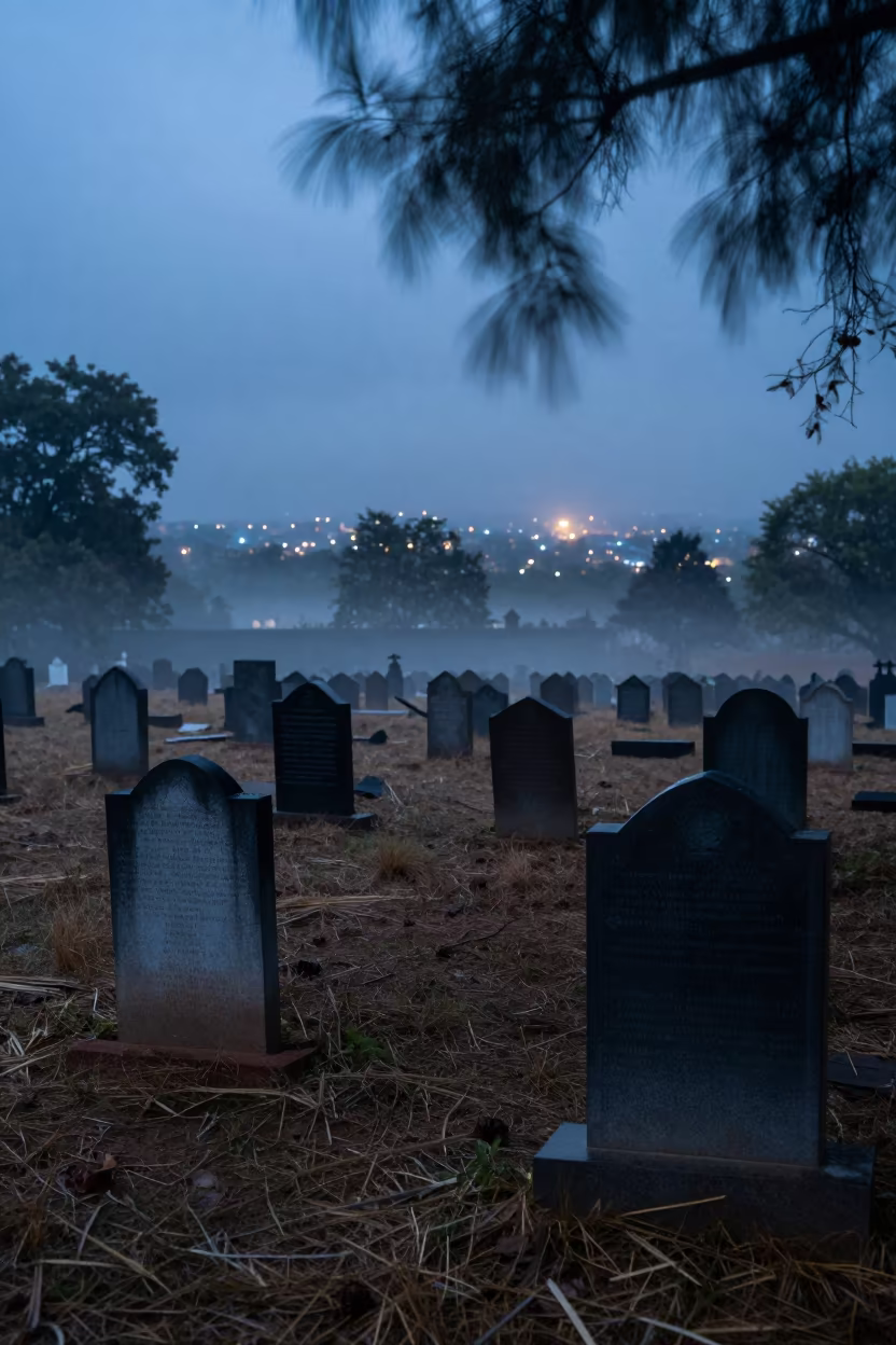 Autumn Fog Drifting Through Andhra Pradesh Cemetery in beneath fast-moving cloud bands in Andhra Pradesh