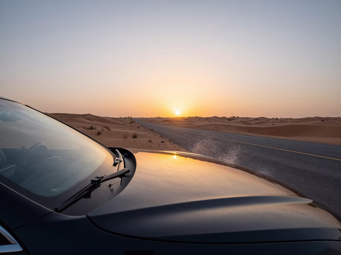 Autumn Foliage Reflection on Car Hood at Dawn in on a wind-open causeway in the Sahara