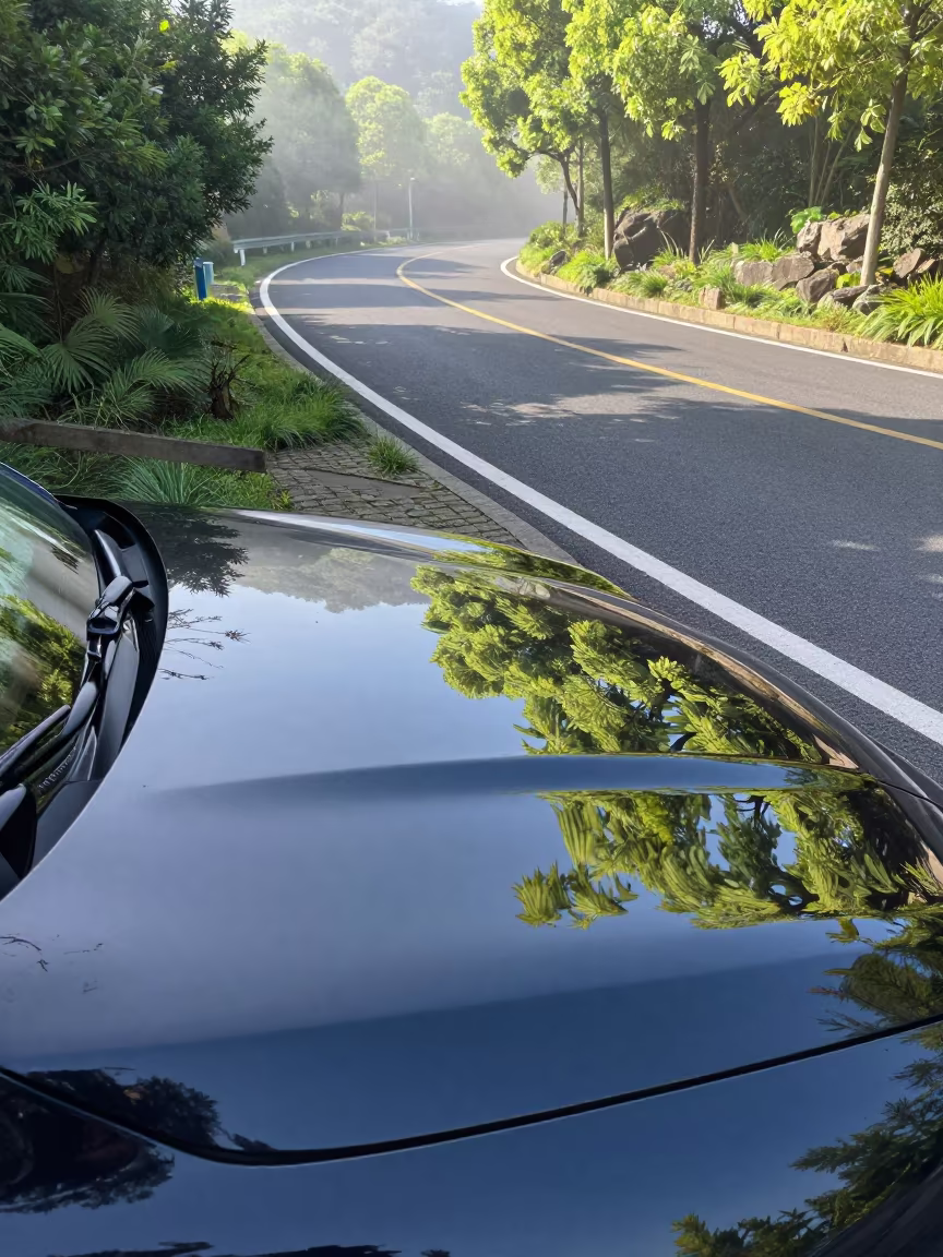 Autumn Foliage Reflection on Car Hood in along a switchback approach near Ningbo