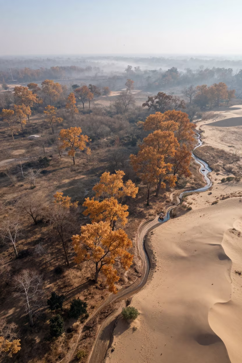 Autumn Forest Aerial Over Winter Wadis in Manipur in above dune fields and dry wadis in Manipur