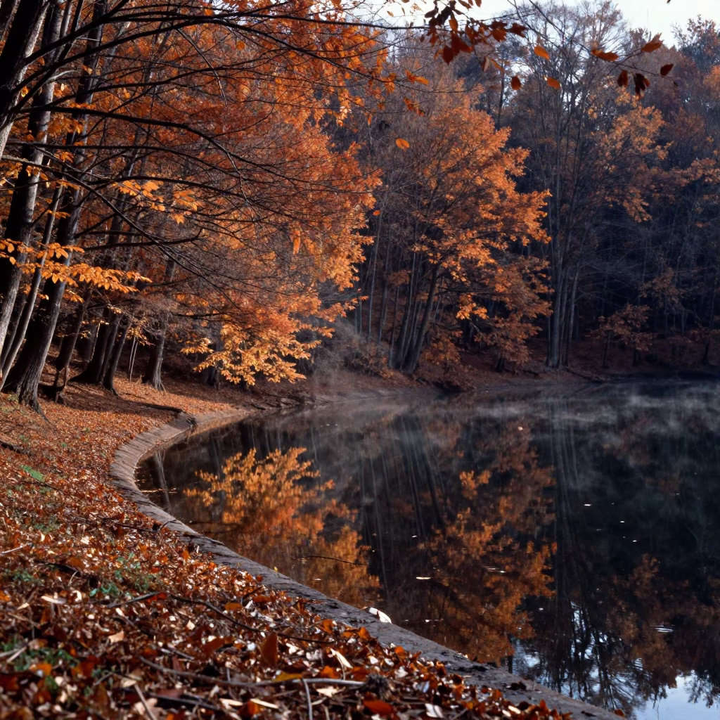 Autumn Forest Lake Reflections Near Xian in along a wave-cut shoreline near Xian