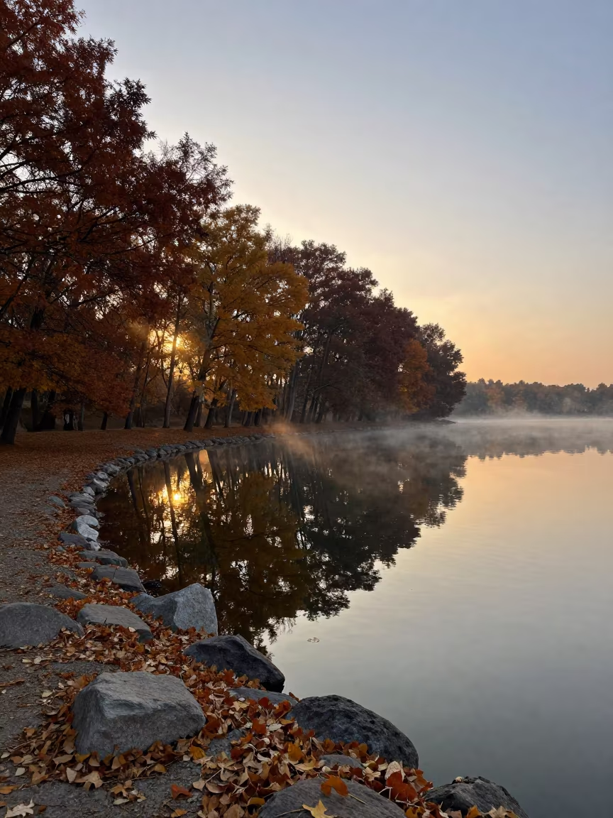 Autumn Forest Reflection in Early Winter Lake Near Shiraz in along a wave-cut shoreline near Shiraz