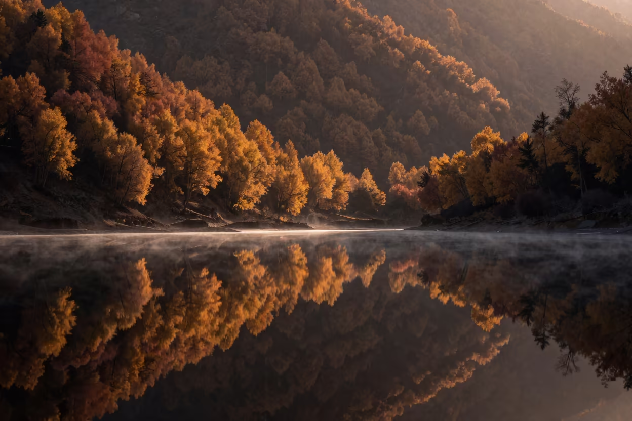 Autumn Forest Reflection in Tibet Valley Lake in across a wide valley floor in Tibet