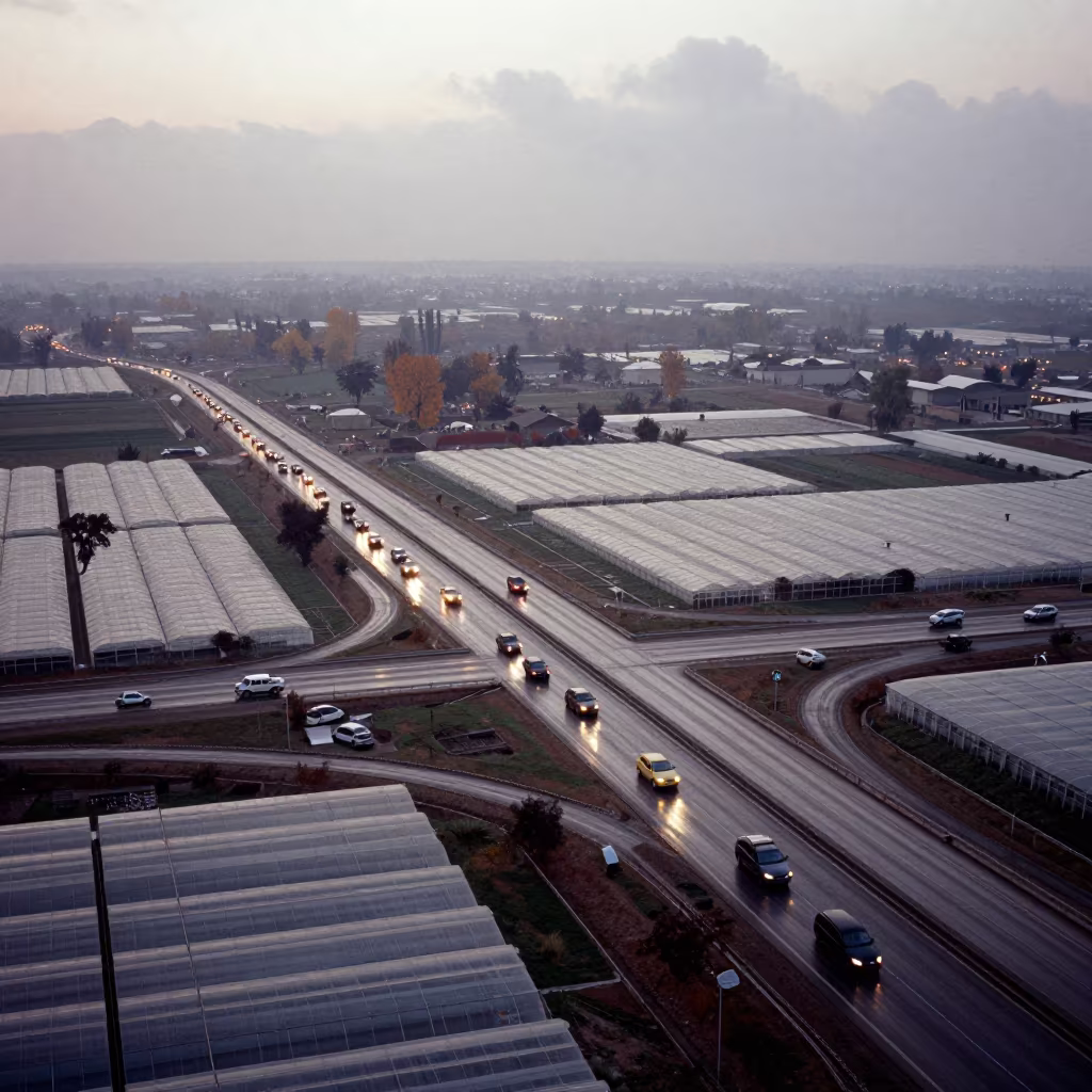 Autumn Freeway Interchange Over Greenhouse Grids in high over greenhouse grids near Lahore
