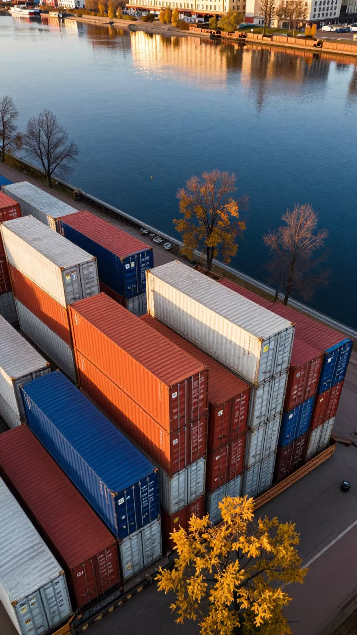 Autumn Freight Containers Reflected in Water in near St Petersburg