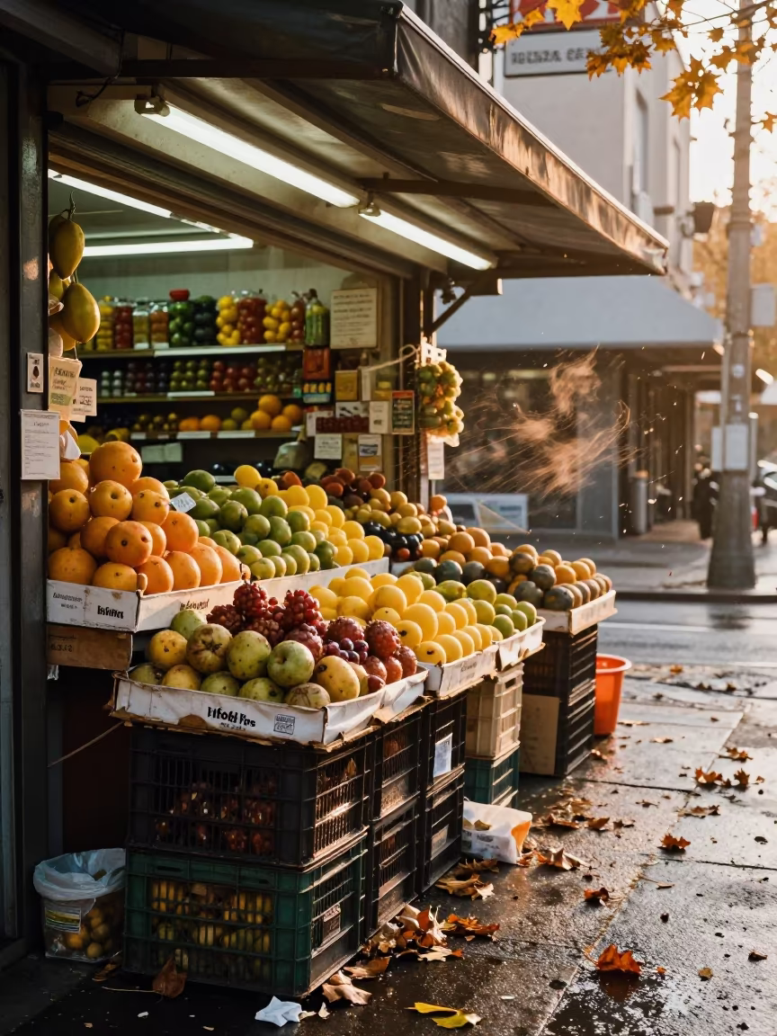 Autumn Fruit Stand in Athens Golden Hour Rain in outside a fluorescent convenience store in Athens