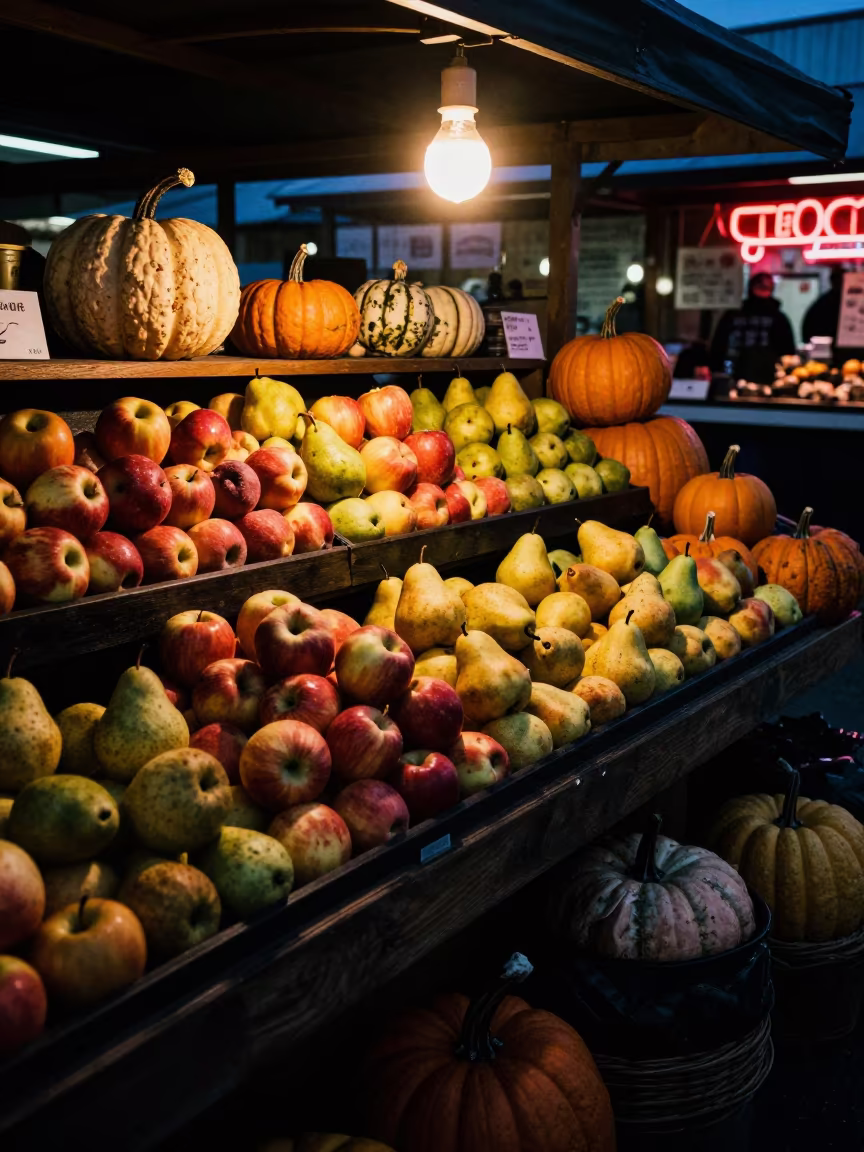 Autumn Fruit Stand Glow at Boise Market Dusk in at a market stall counter in Boise