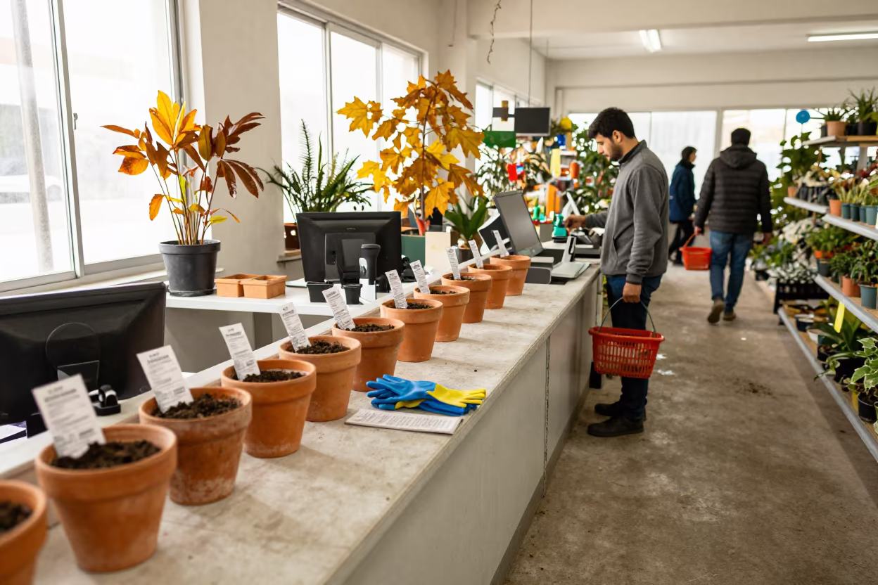 Autumn Garden Center Checkout with Soil Tags in inside a bright retail aisle near Hafizabad