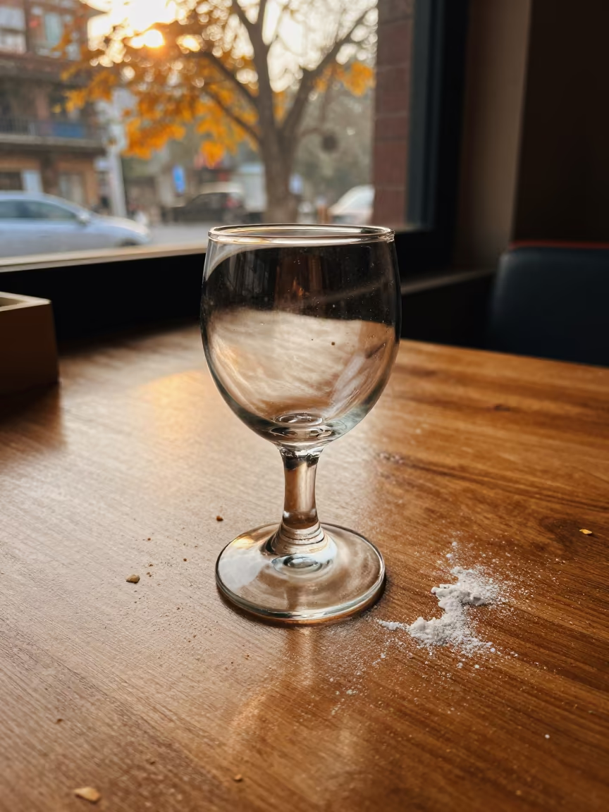 Autumn Goblet on Oak Table in Kathmandu Cafe in on a cafe table by a window in Ason, Kathmandu