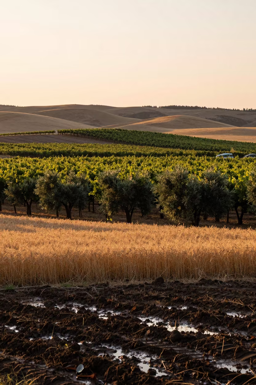 Autumn Gold Vineyards Silhouetted Montana Dusk in along freshly irrigated rows in Montana