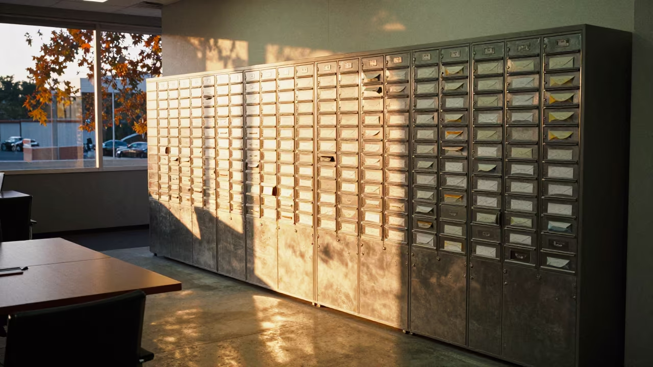 Autumn Golden Hour Office Mail Cubby Wall Panorama in at a boardroom table before a meeting in Adelaide