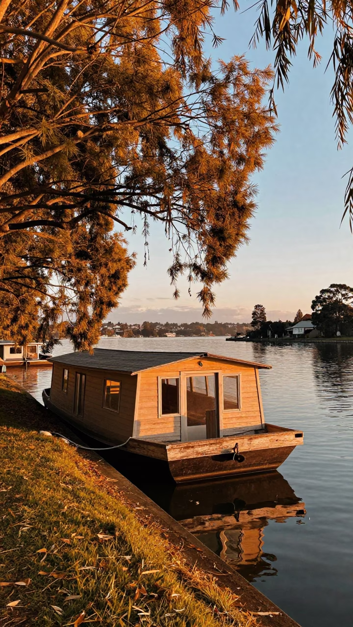 Autumn Houseboat Moored Under Willows at Sunset in near Auckland