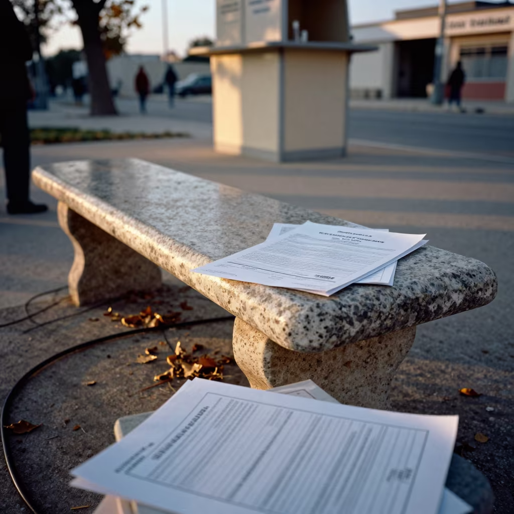 Autumn Intake Form on Courthouse Bench at Sunset in outside a polling station entrance near Sousse