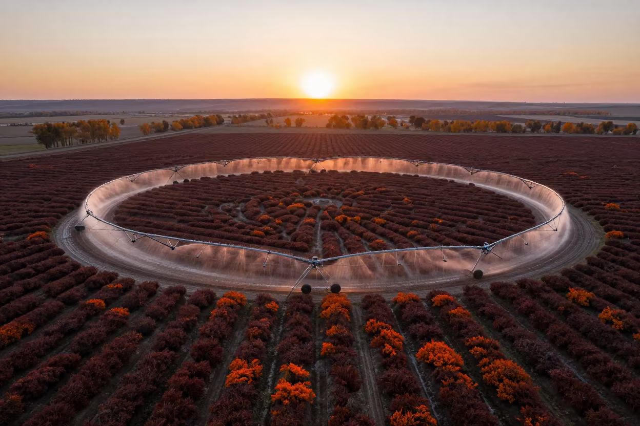 Autumn Irrigation Pivot Patterns Tea Plantation in at the edge of a tea plantation near Almaty