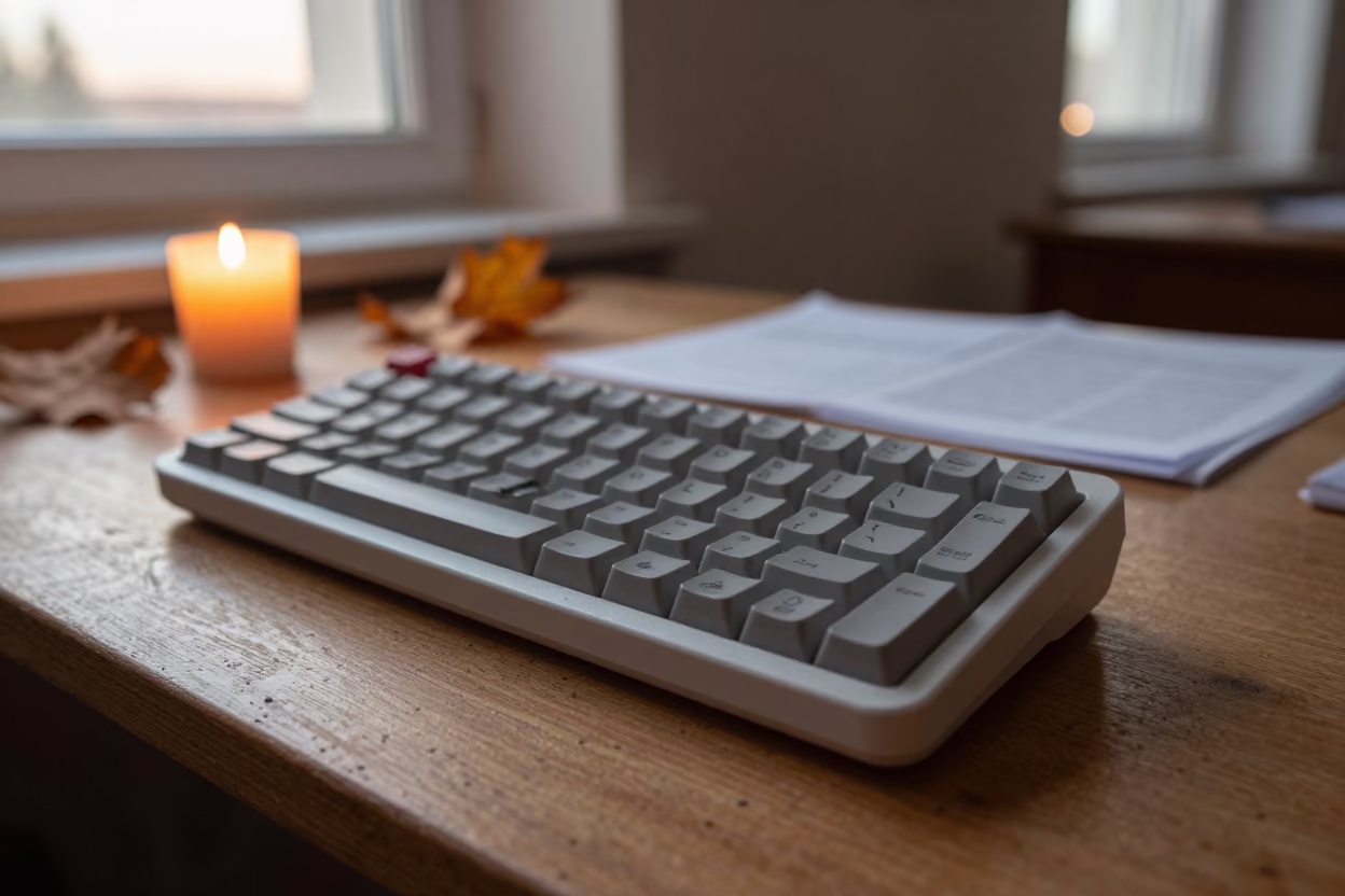 Autumn Keyboard Trial on Dusty Library Table in on a dusty library table in St Petersburg