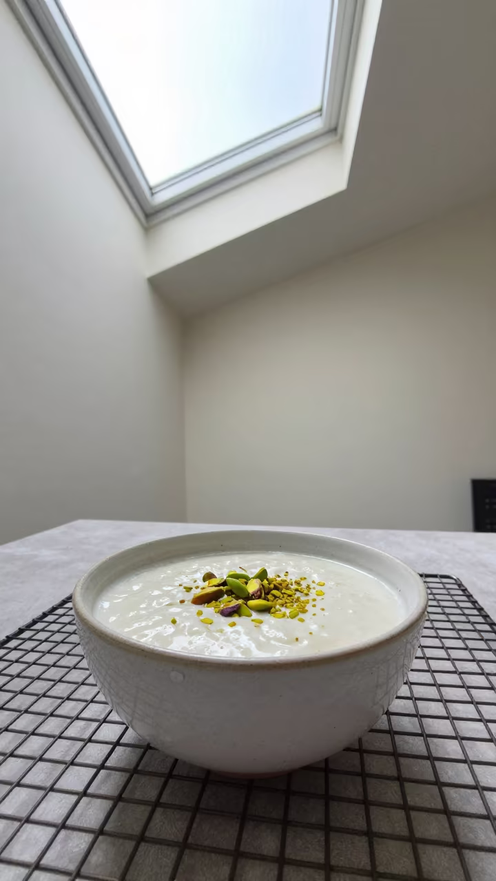 Autumn Kheer Sagar Bowl with Pistachios in on a bakery cooling rack in Lisbon
