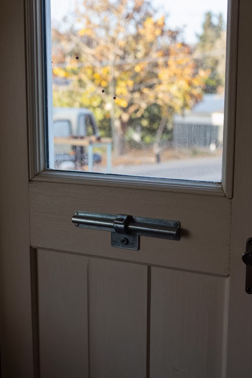 Autumn Latch on Painted Door Plank in on a workshop shelf near Los Angeles