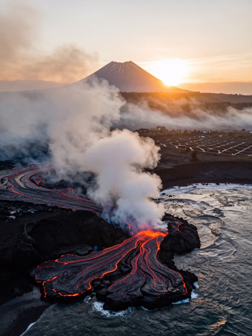Autumn Lava Meets Ocean in Misty Silhouette in high above irrigation geometry near Quito