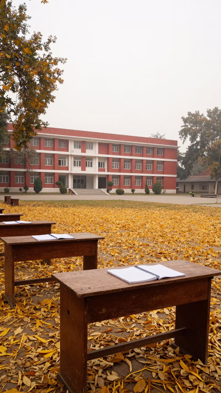 Autumn Leaves on Campus Quad Morning Light in outside a brick lecture building in Sargodha