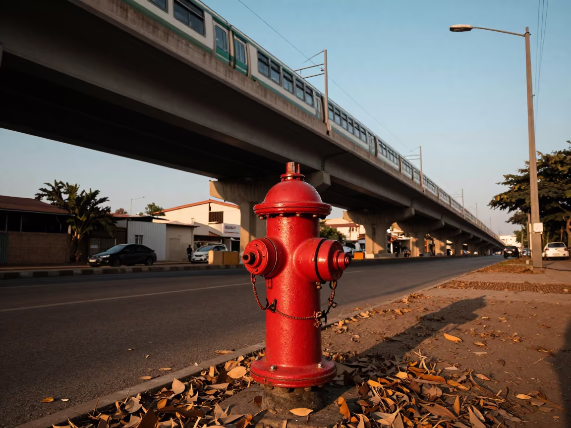 Autumn Leaves Drift Around Fire Hydrant in under an elevated train line in Grand-Bassam