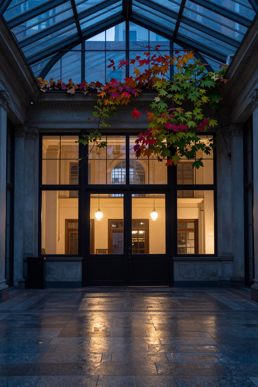 Autumn Leaves Green Crimson Plzen Arcade in inside a glass-roofed arcade in Plzeň