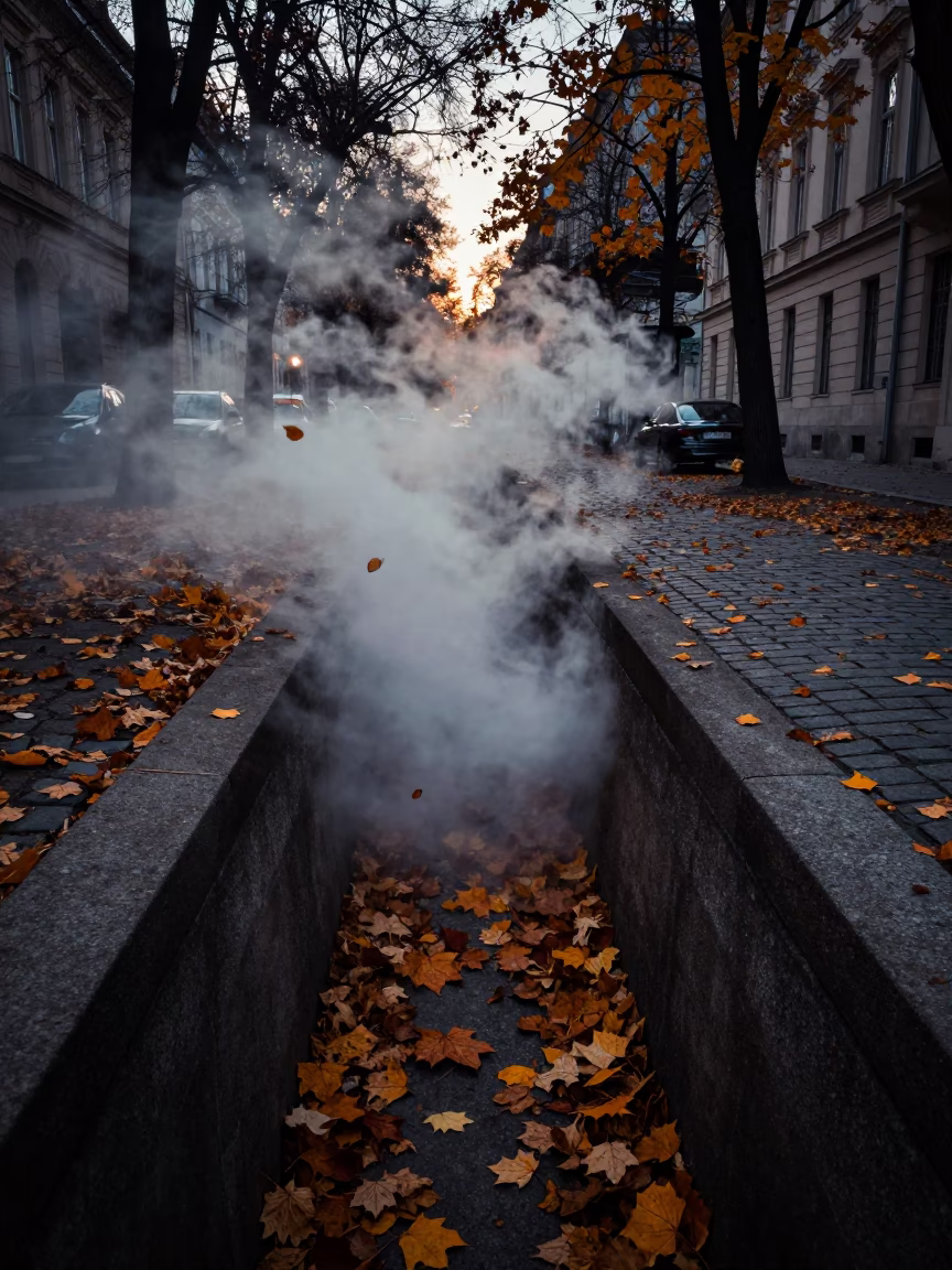 Autumn Leaves in Budapest at The Predawn Darkness Light in in Budapest, Hungary