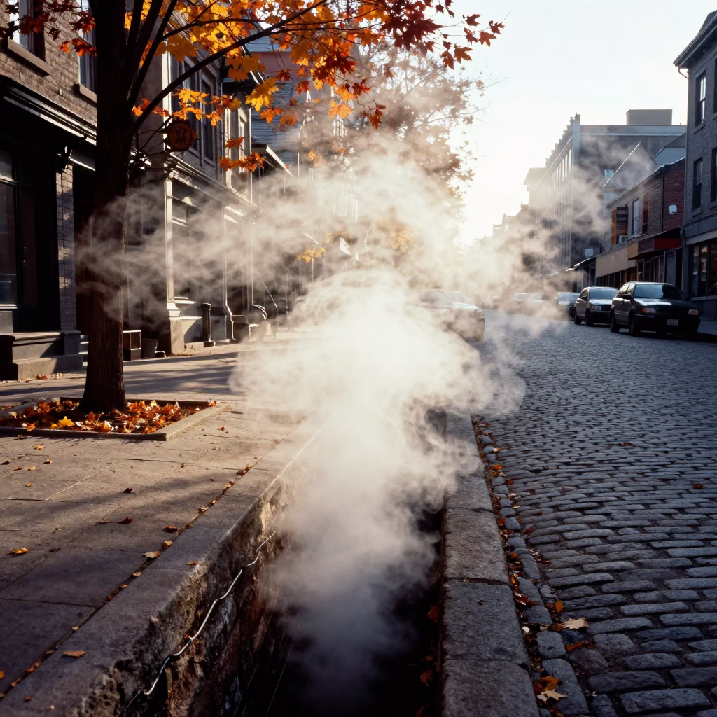 Autumn Leaves in Montreal at As First Light Reaches The Scene in in Montreal, Quebec, Canada