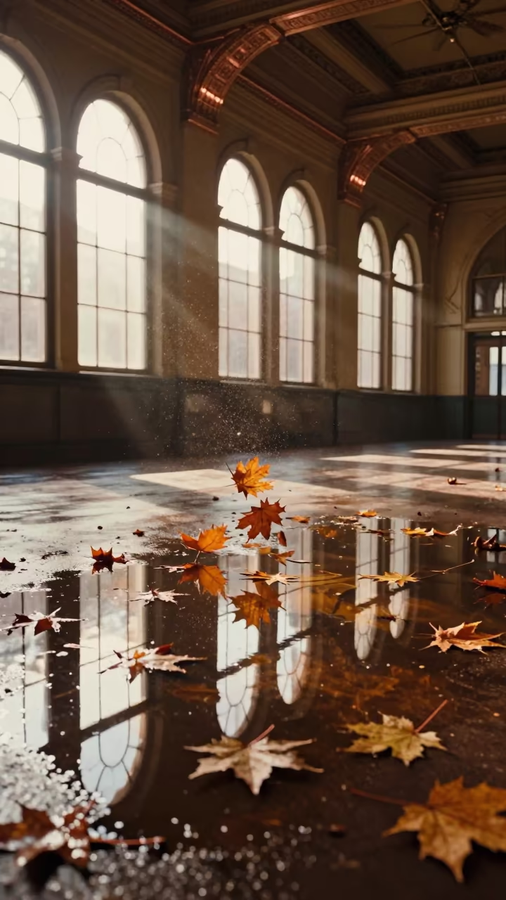 Autumn Leaves Spin in Puddle Light in inside a restored train terminal in Hartford
