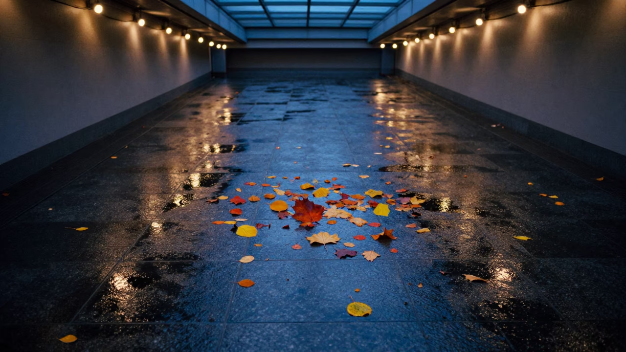 Autumn Leaves Spinning in Puddle Blue Hour in inside a skylit passageway near Agadir