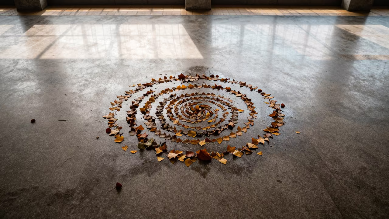 Autumn Leaves Spinning in Puddle Light in inside a restored train terminal in Belas