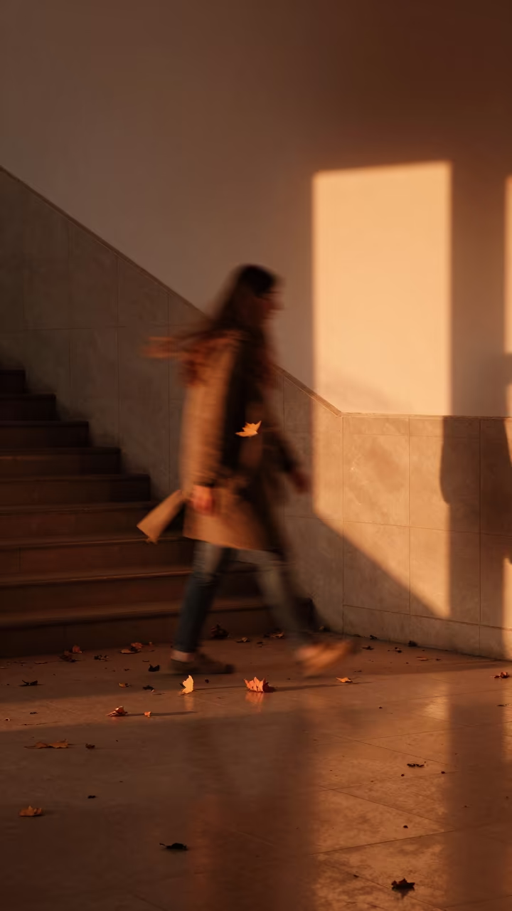 Autumn Leaves Swirling in Białystok Stair Hall in inside a tiled stair hall in Białystok